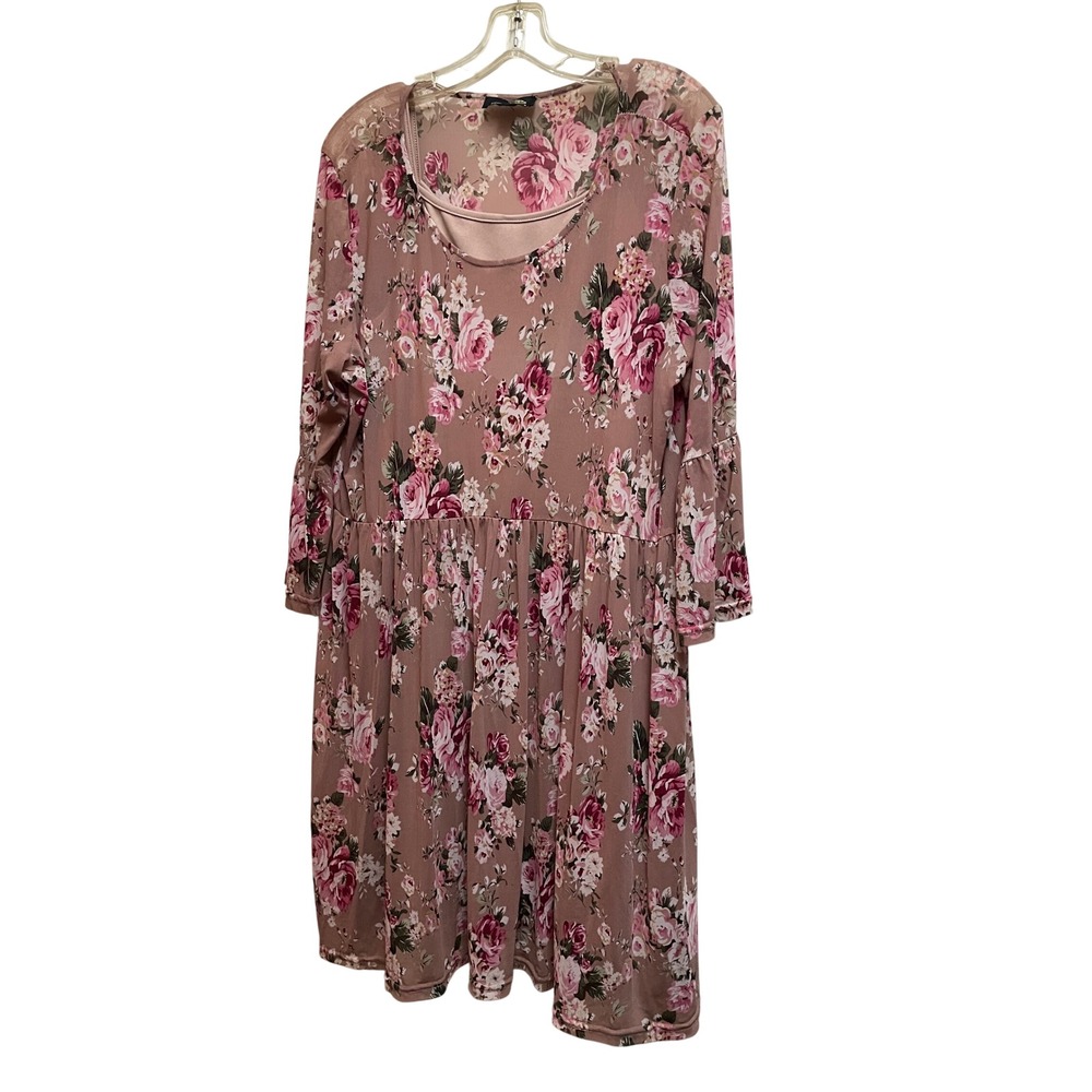 Suzanne Betro Womens 2X Floral Mesh Dress Mauve Pink 3/4 Bell Sleeve with Slip